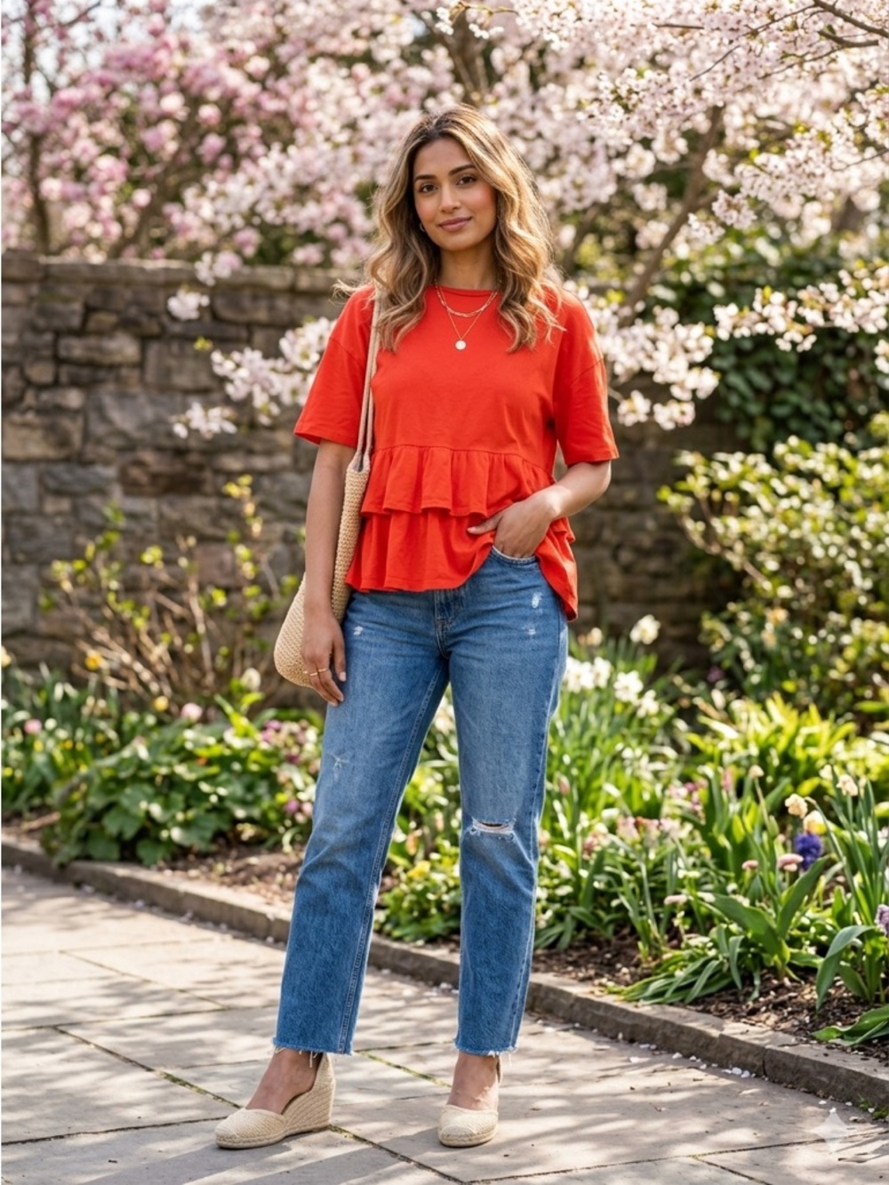 H&M Everyday Ruffle-Hem Peplum Tee - Vibrant Red SP EUC